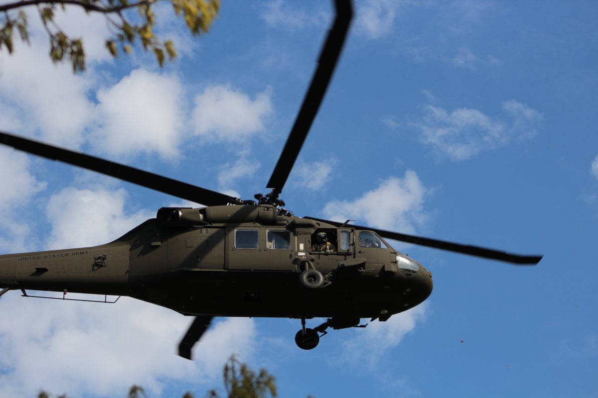 Black Hawk helicopters take off from campus. Taylor Harrell | THE ALL STATE