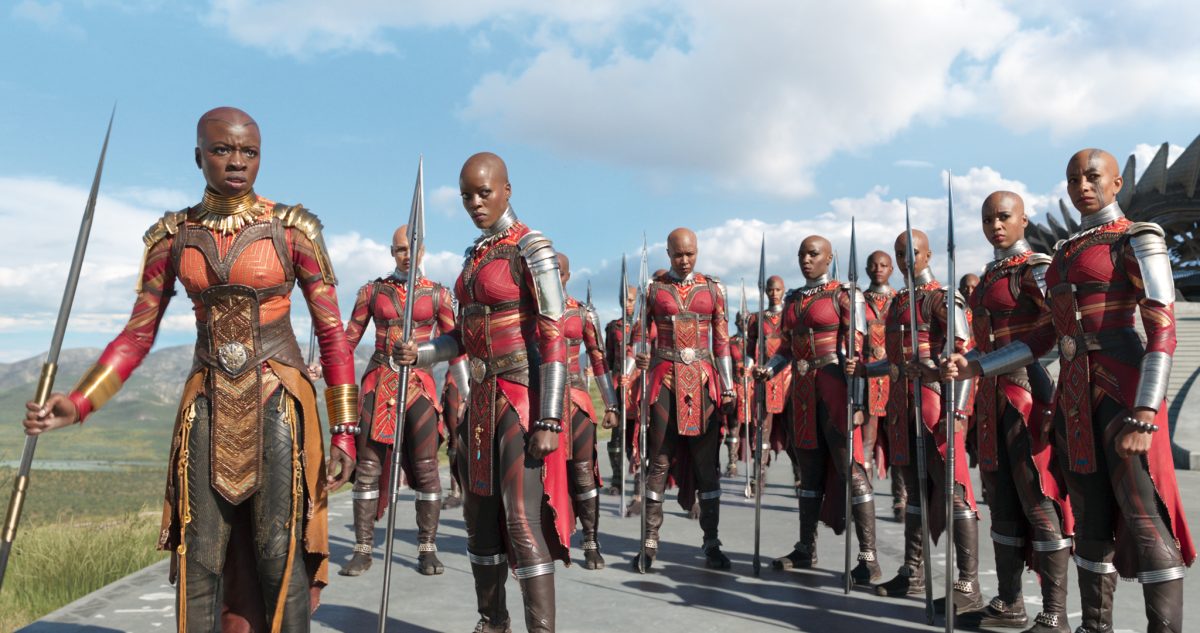 Marvel Studios' BLACK PANTHER..L to R: Okoye (Danai Gurira) and Ayo (Florence Kasumba) with the Dora Milaje..Ph: Film Frame..©Marvel Studios 2018