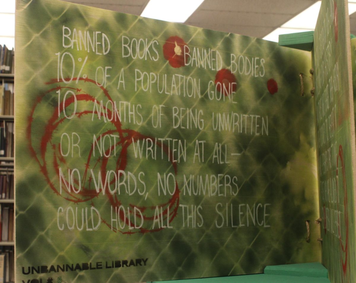 Wooden book created by Ali El-Chaer and Patrick Vincent at APSU's Unbannable Library Reception at the Woodward Library Sept. 25.