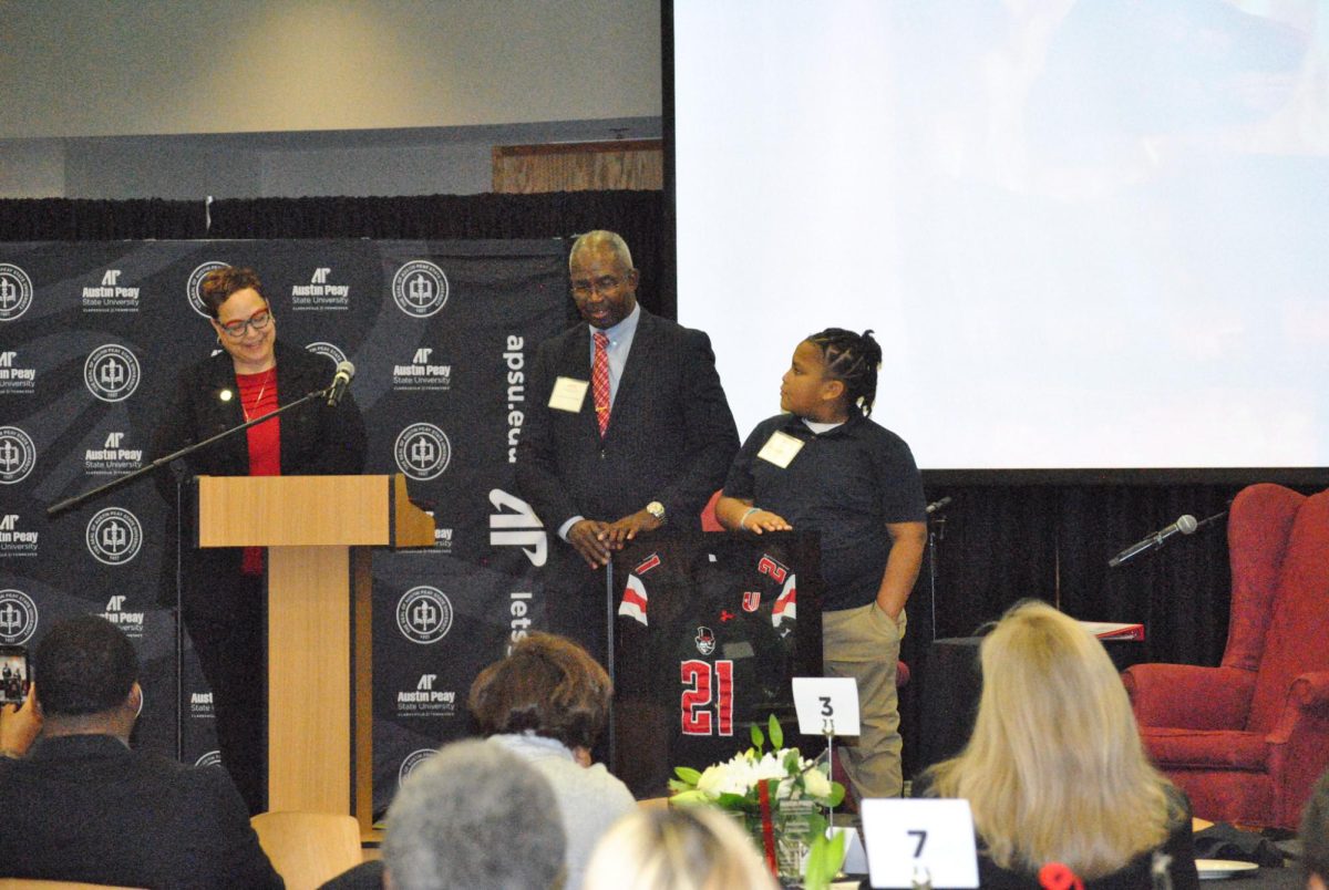 Lieutenant General (Ret.) Ronald Bailey was presented by  Vice President & Director of Athletics Gerald Harrison with the jersey that he wore when he played football at Austin Peay State University.  