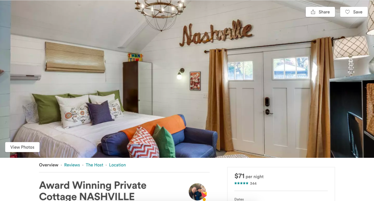 Screenshot of a Nashville for rent on the Airbnb site.