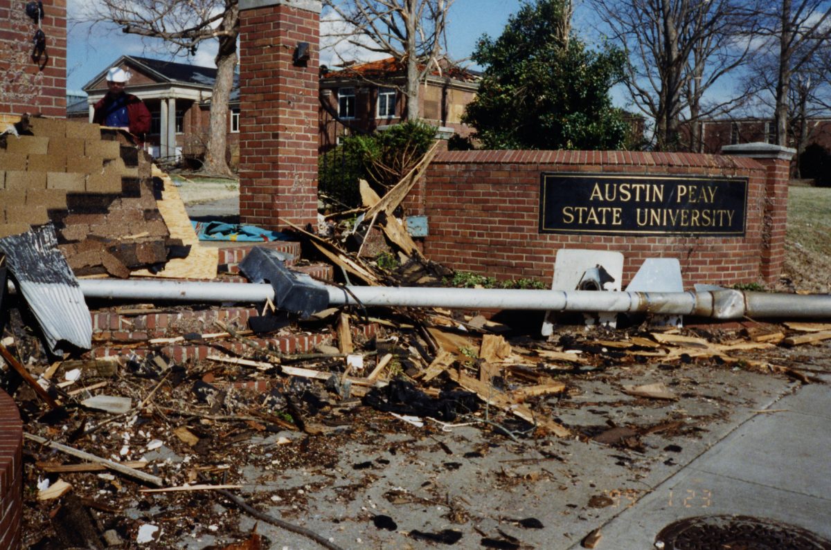 Debris litters the front of campus. Courtesy of APSU Office of PR + Marketing. 