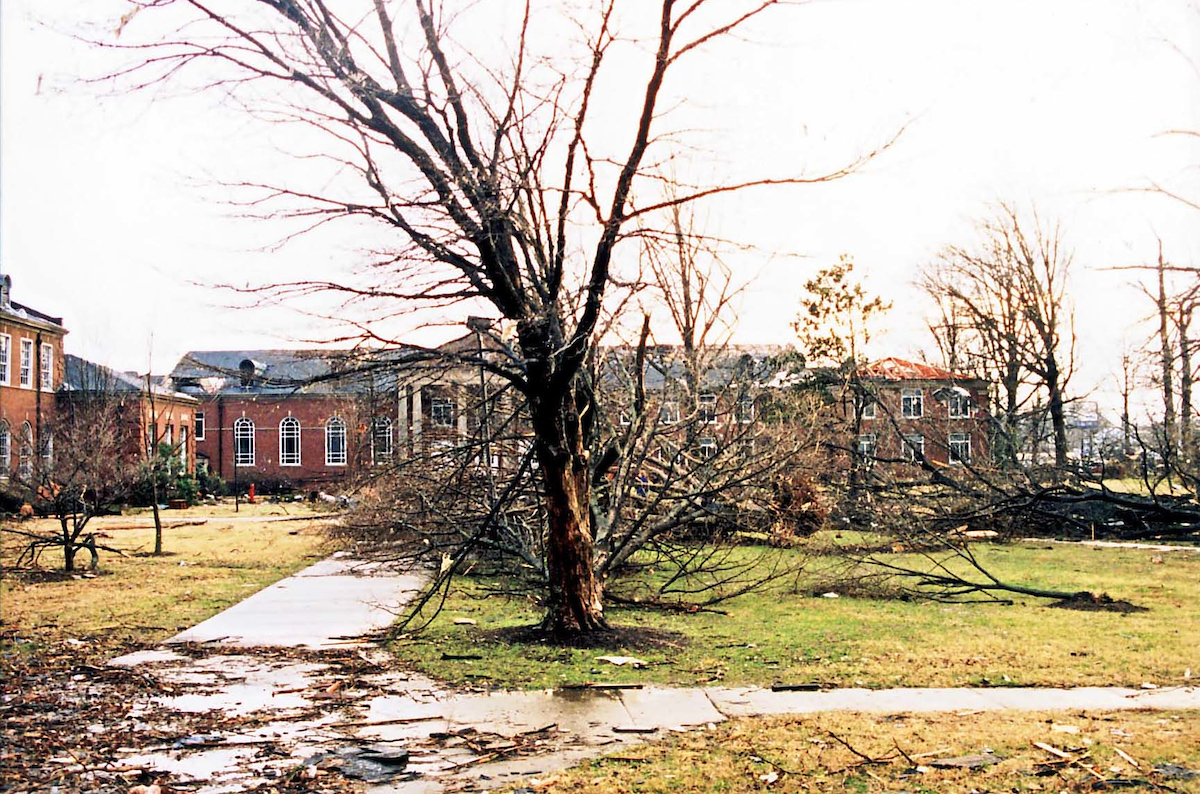 Archival photos taken soon after the severely damaging F3 tornado struck downtown Clarksville TN on January 22, 1999. Austin Peay State University sustained heavy damage to landscaping, trees, and many buildings across the campus.

Looking toward Clement, Browning to the left.