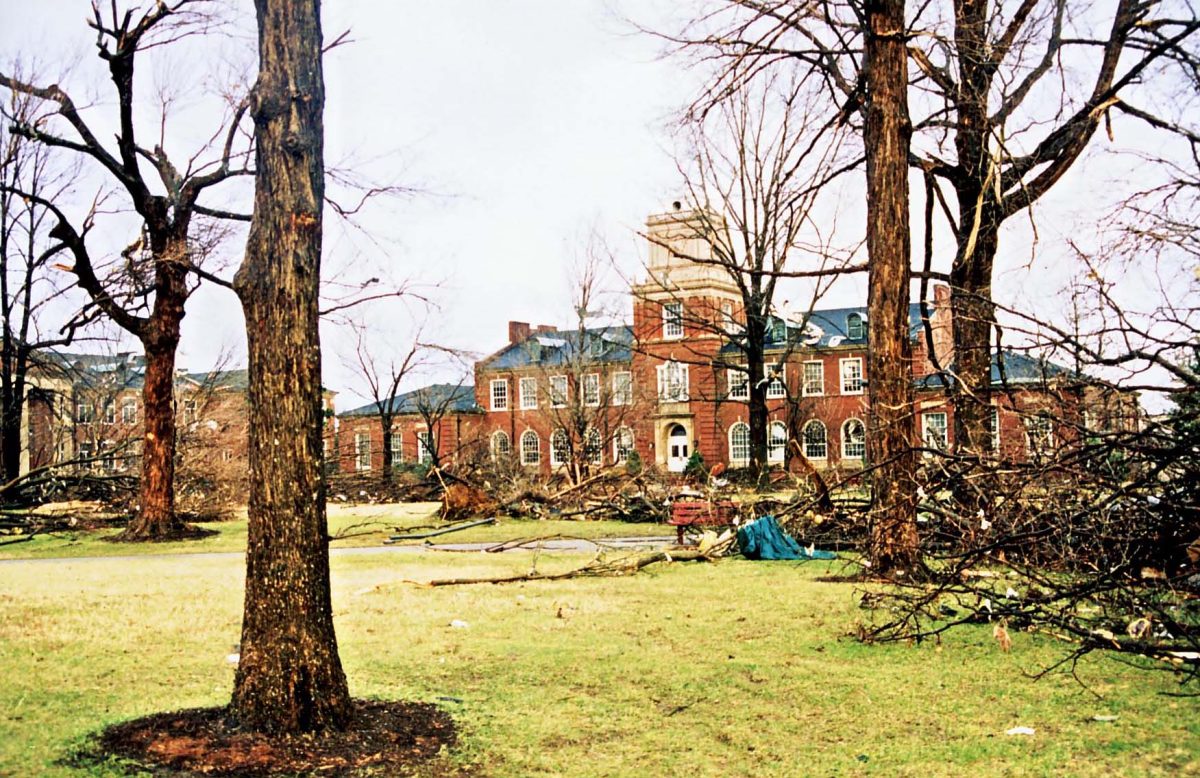 Archival photos taken soon after the severely damaging F3 tornado struck downtown Clarksville TN on January 22, 1999. Austin Peay State University sustained heavy damage to landscaping, trees, and many buildings across the campus.

Browning center, McCord left