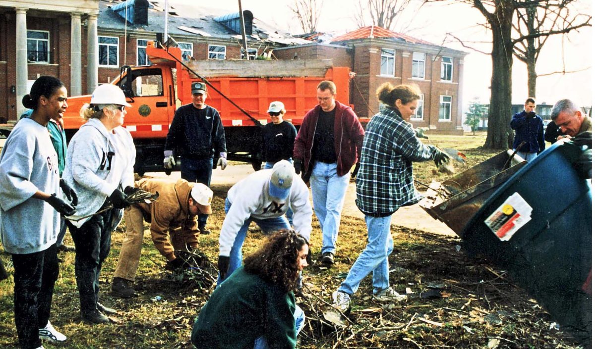 Archival photos taken soon after the severely damaging F3 tornado struck downtown Clarksville TN on January 22, 1999. Austin Peay State University sustained heavy damage to landscaping, trees, and many buildings across the campus.