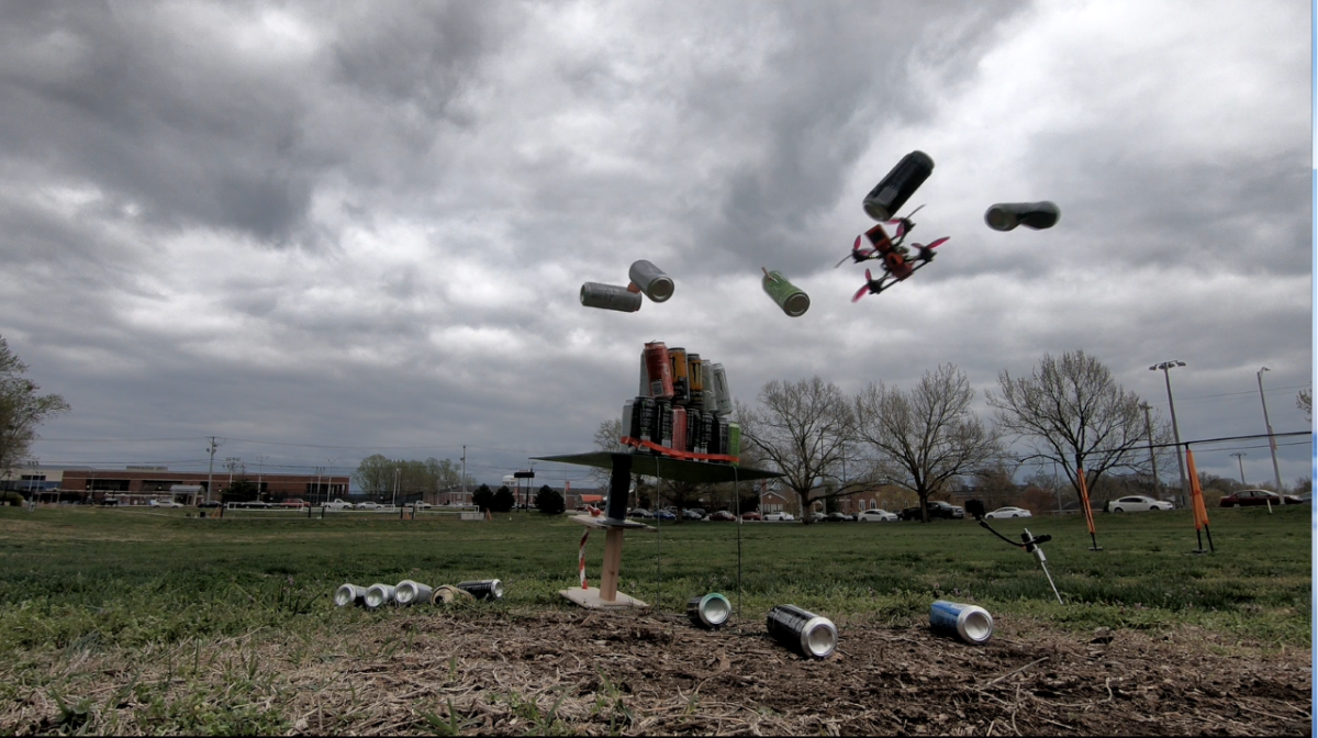 Screenshot grabbed from live video of drone smashing a wall of Monster Energy cans on Friday, April 4 in the Dunn Bowl. CREDIT: DOUG CATTELIER