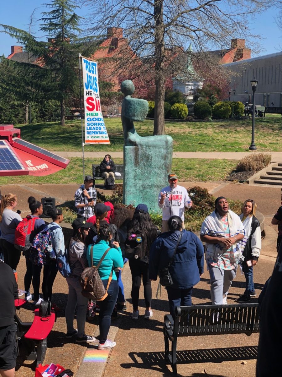 Tensions were high among the crowds surrounding the preacher who calls himself “Saint God” and Ministers Christopher and Julie Davis on Tuesday, April 2. DOMINIC GONZALEZ | THE ALL STATE