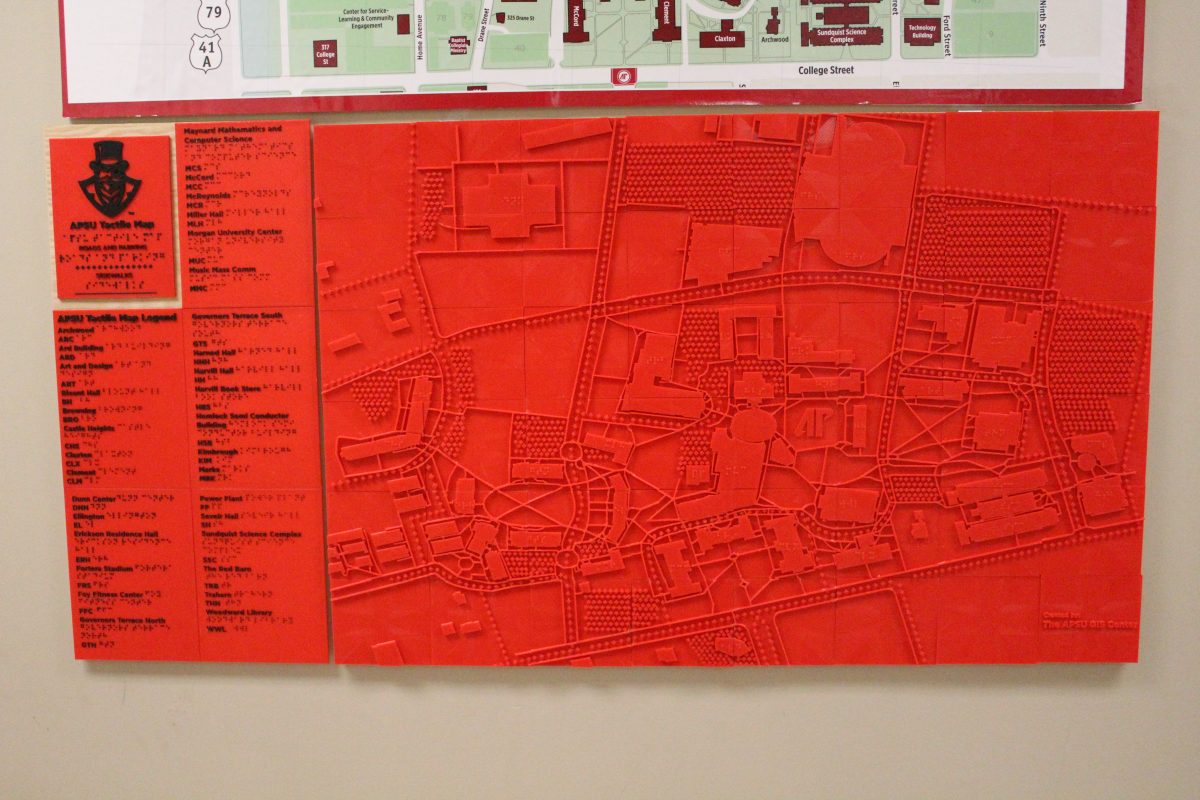 Braille map created by GIS center using 3D printing technology. Located in front of the Office of Disability Services.