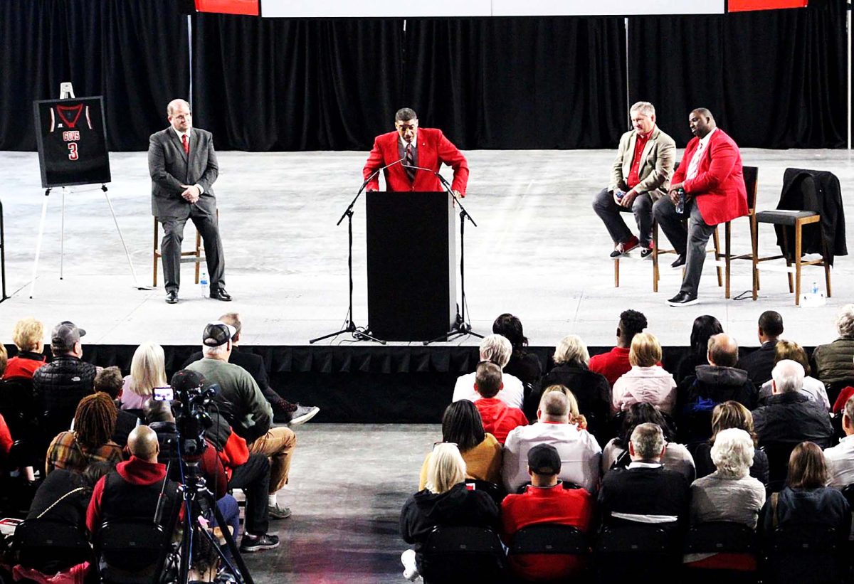 Former Austin Peay State University men's basketball player and assistant coach Corey Gipson was introduced to a crowd at the F&M Bank Arena Tuesday night. Gipson is the 14th men's basketball coach in Governors history. 
Photo by Khatir Stewart I The All State