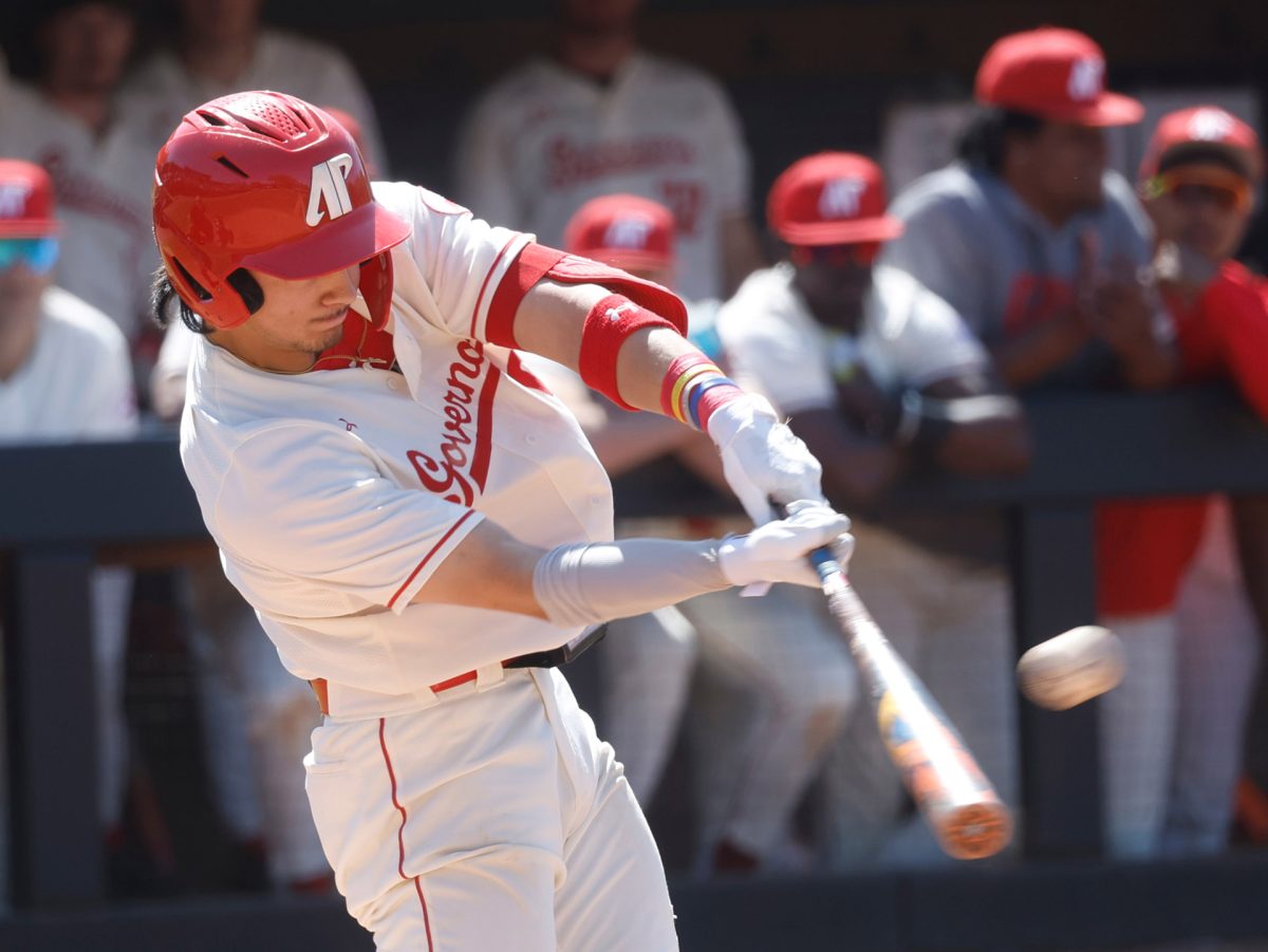 APSU Shortstop Jon Jon Gazdar hits a homer for the Govs at Raymond C. Handpark. Photos by Robert Smith | APSU Athletics