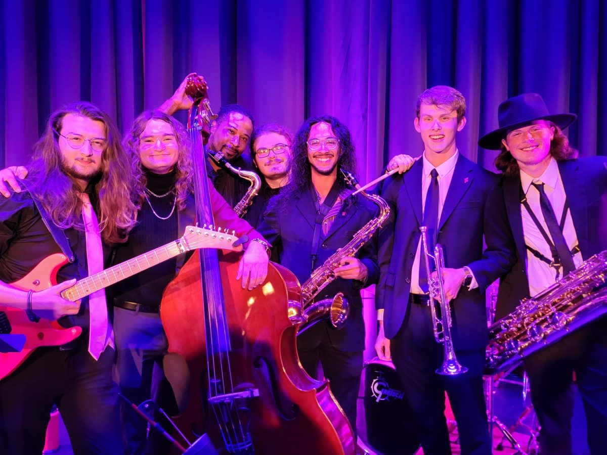 The APSU Jazz Combo gathered for a post-show group photo. (Left to Right: Benjamin Truex, Zackery Marhover, David Lee, Luke Anderson, Peri Espinoza, Jed Edmondson and Oakley Hinds)