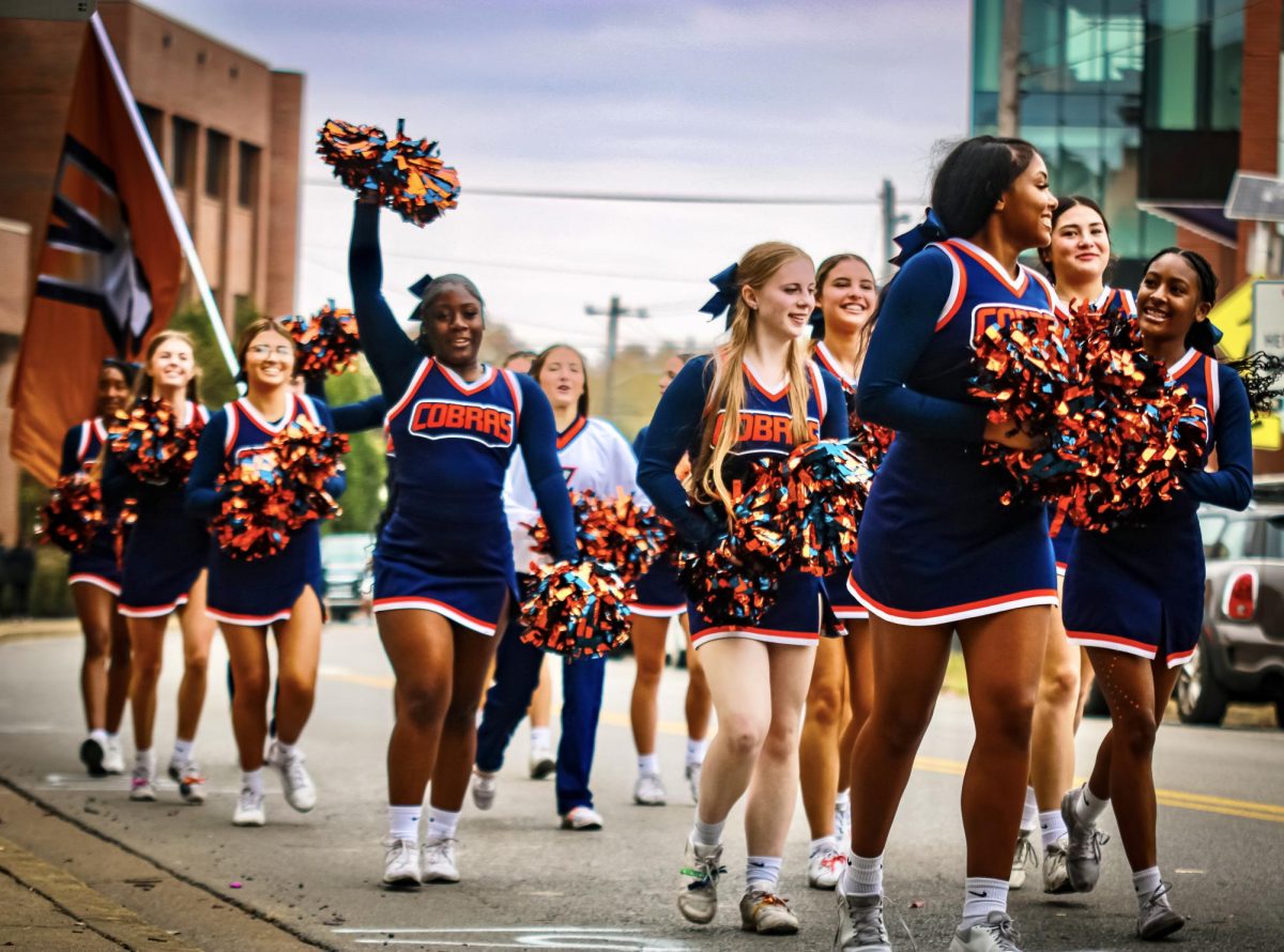 The Kirkwood High School cheer team (Clarksville, Tenn.) appeared in the 79th Annual Homecoming Parade at Austin Peay yesterday morning. 