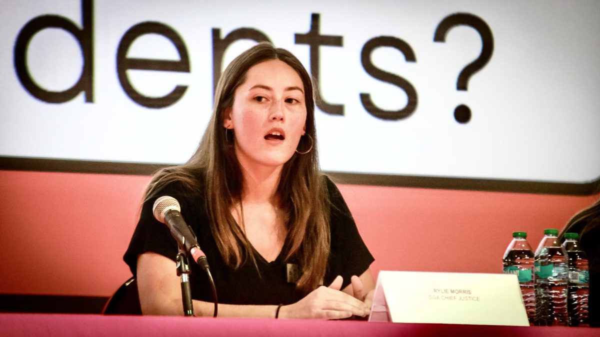 Austin Peay State University Chief Justice of the Student Government Association Rylie Morris answers questions about student involvement in SGA during a town hall meeting Wednesday night.