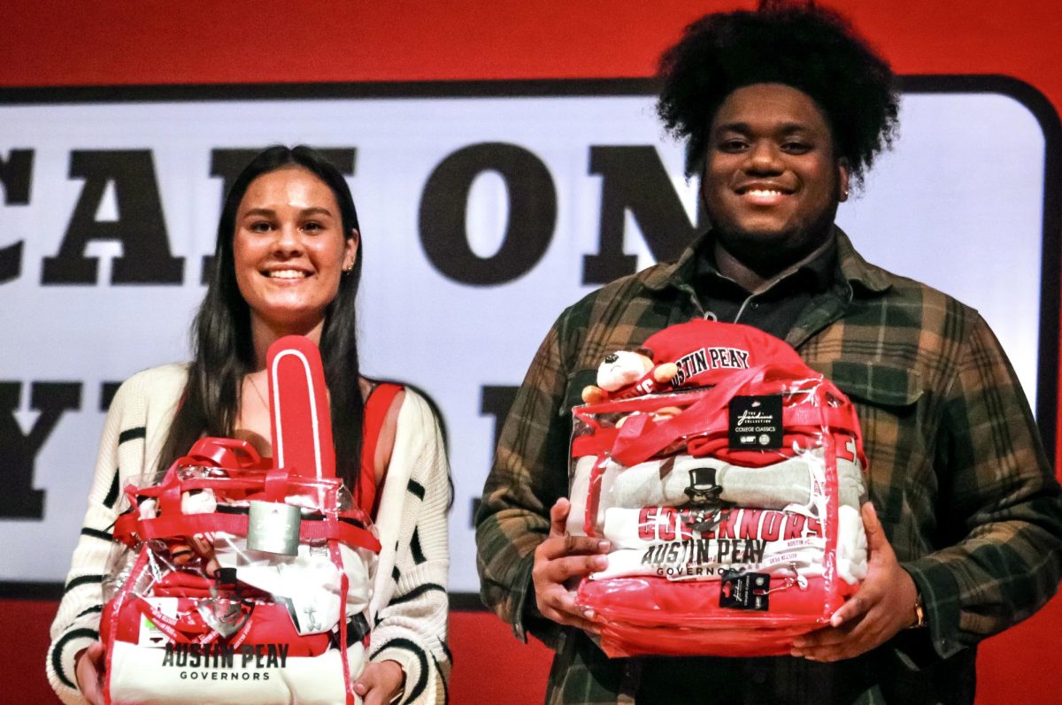 Austin Peay State University students Alexandria Tetterton and Jaire Richardson won the giveaway during the town hall meeting Wednesday night.