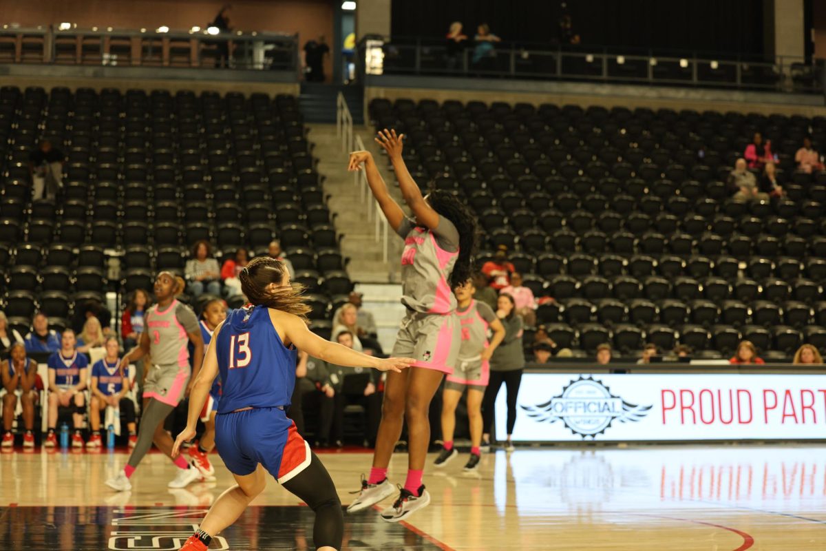 Freshman forward Sa'Mya Wyatt attempted a fading mid-range as the Govs were defeated by the West Georgia Wolves by a score of 58-52 on Feb. 27 at F&M Bank Arena. 