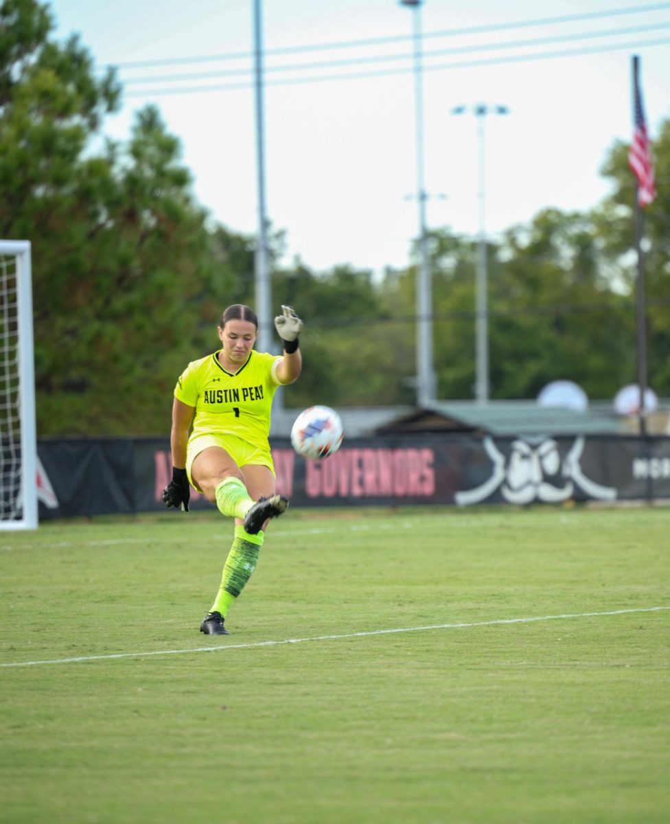 Junior Goalkeeper Lauryn Berry launching the ball on the other side of the field to prevent a goal as the Lady Govs would take a tough loss to the Lady Mocs 0-1  on August 28, 2025, at Morgan Bros Field. 