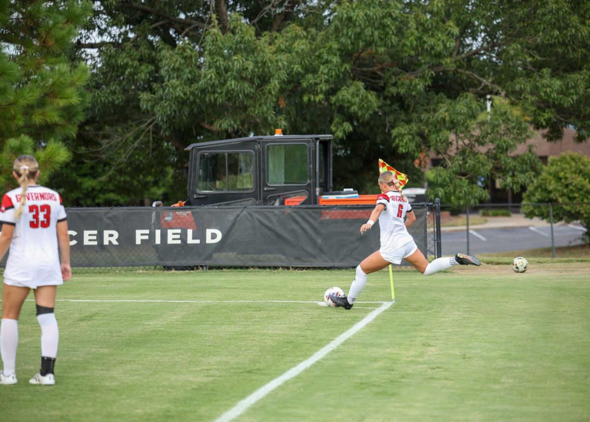 Junior Defender Kerigan Kivisto kicking the ball into play as the Lady Govs would take a tough loss to the Lady Mocs 0-1 on August 28, 2025, at Morgan Bros Field. 