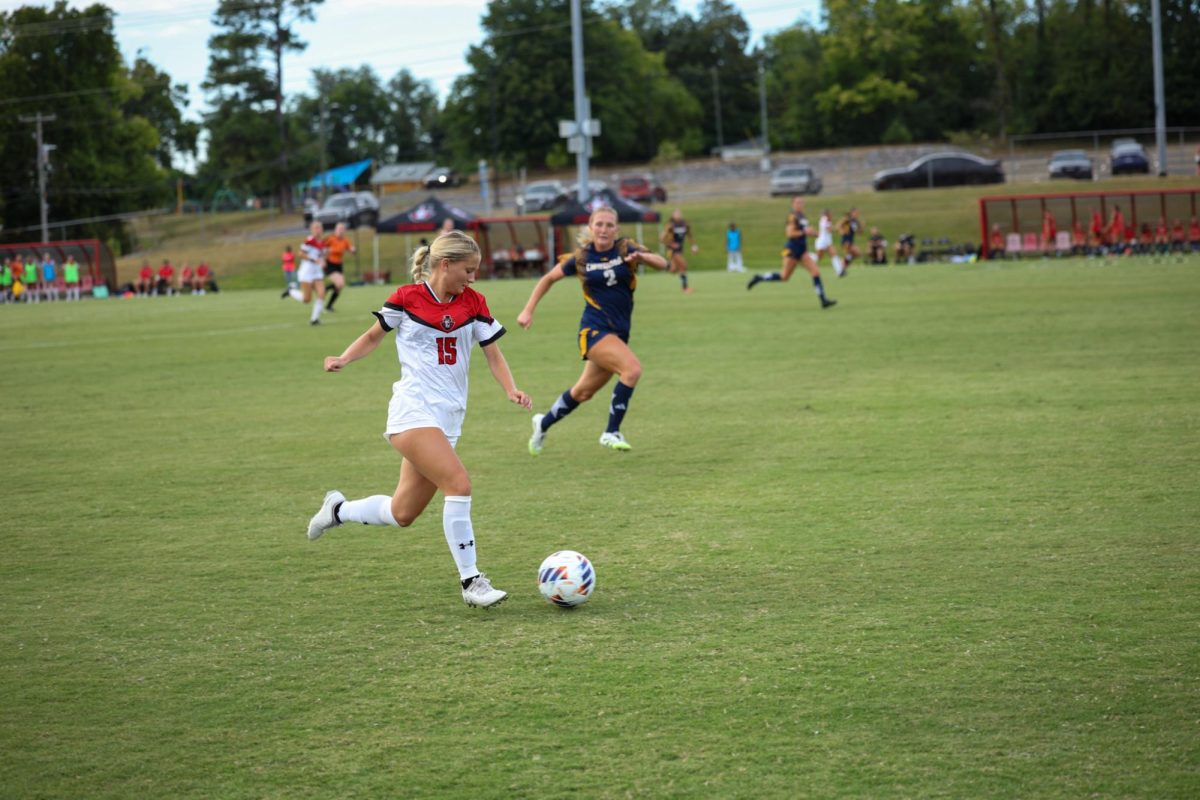 Freshman Defender Emily Steiner is pushing the pace as the Lady Govs would take a tough loss to the Lady Mocs 0-1 on August 28, 2025, at Morgan Bros Field. 