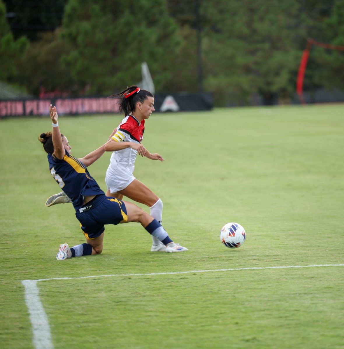 Senior Forward Ellie Dreas is stealing a pass as the Lady Govs would take a tough loss to the Lady Mocs 0-1 on August 28, 2025, at Morgan Bros Field. 