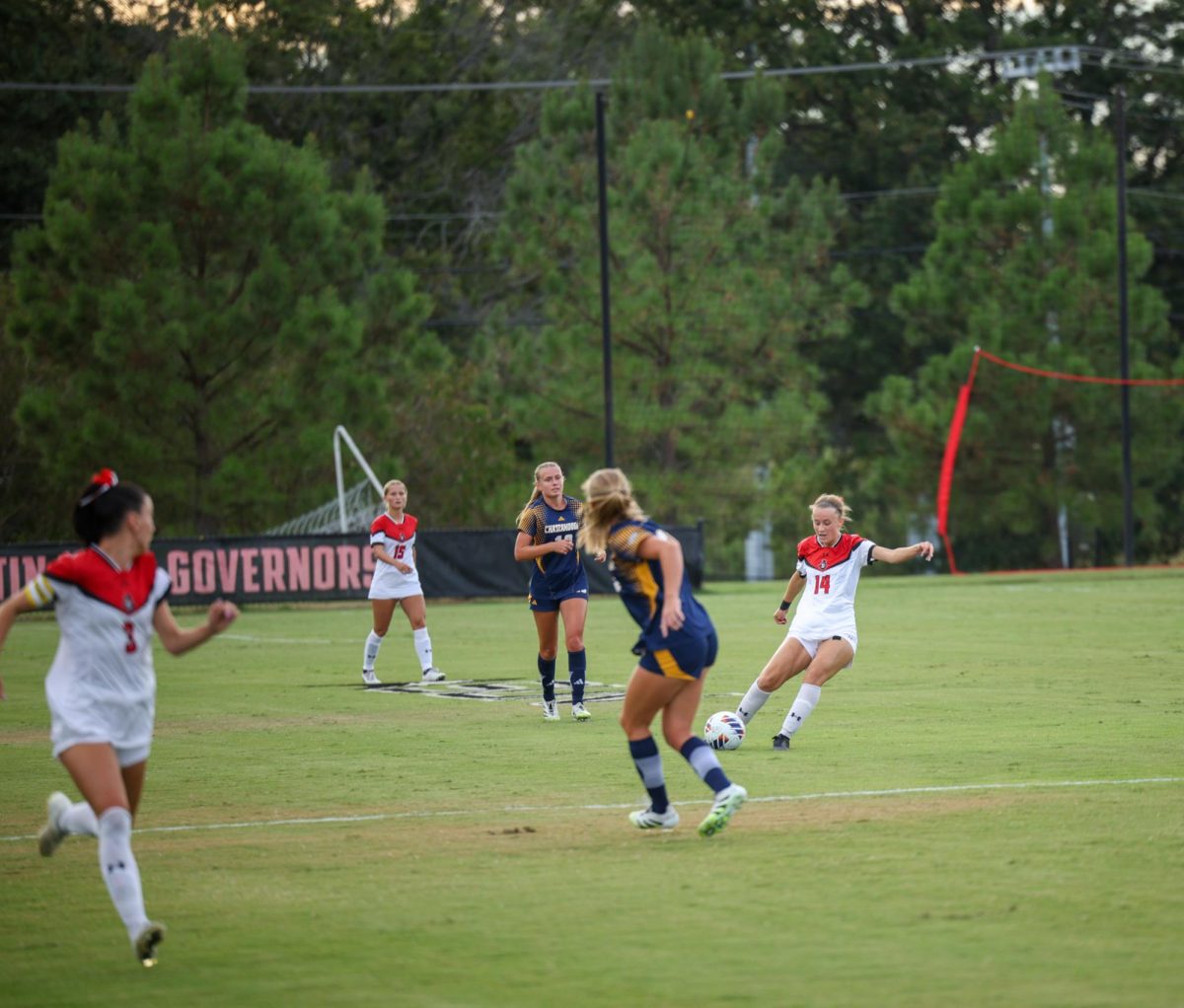 Sophomore Mid-Fielder Kaylee Hansen passes the ball to teammate Senior Forward Ellie Dreas as the Lady Govs would take a tough loss to the Lady Mocs 0-1 on August 28, 2025, at Morgan Bros Field. 