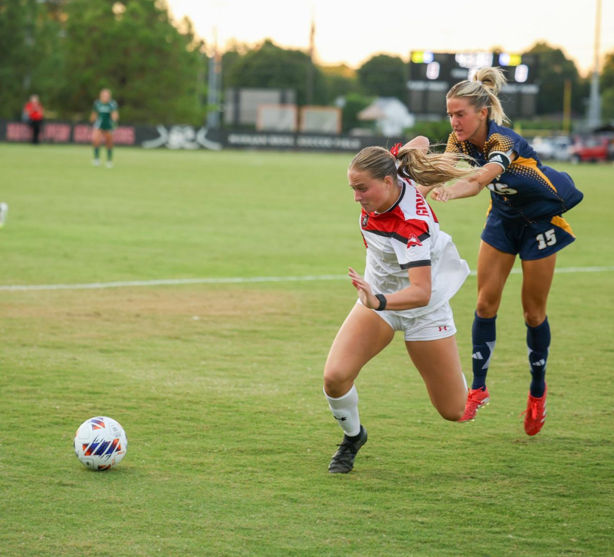 Sophomore Defender Lindsey Arnold fighting for the ball as the Lady Govs would take a tough loss to the Lady Mocs 0-1 on August 28, 2025, at Morgan Bros Field. 