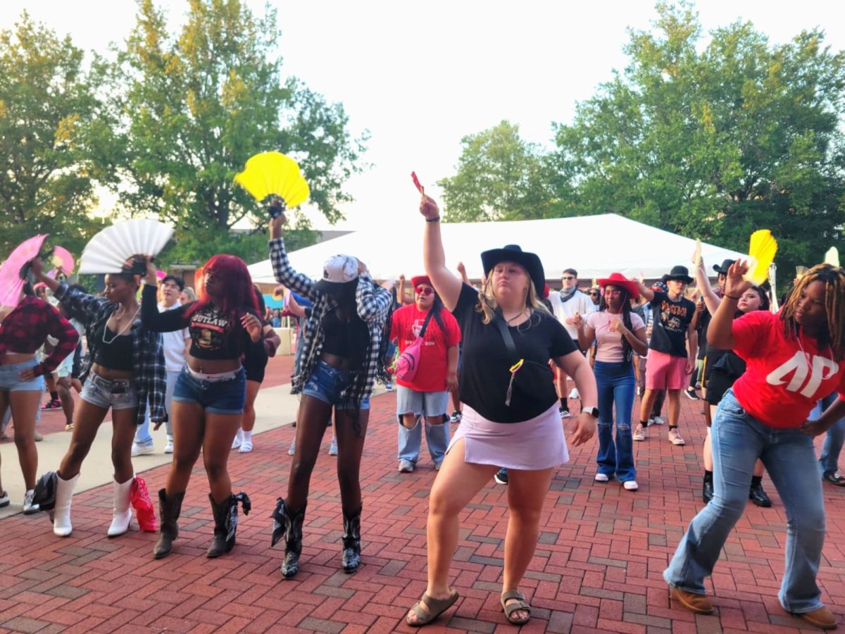 Students line danced in the Morgan University Center Plaza at the Electric Gov event hosted by Student Life and Engagement.
