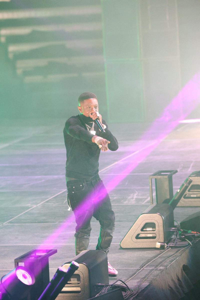 Boosie Badazz is pointing at a fan enjoying the Peayple's concert at F&M Bank Arena on Sept. 26, 2025. 