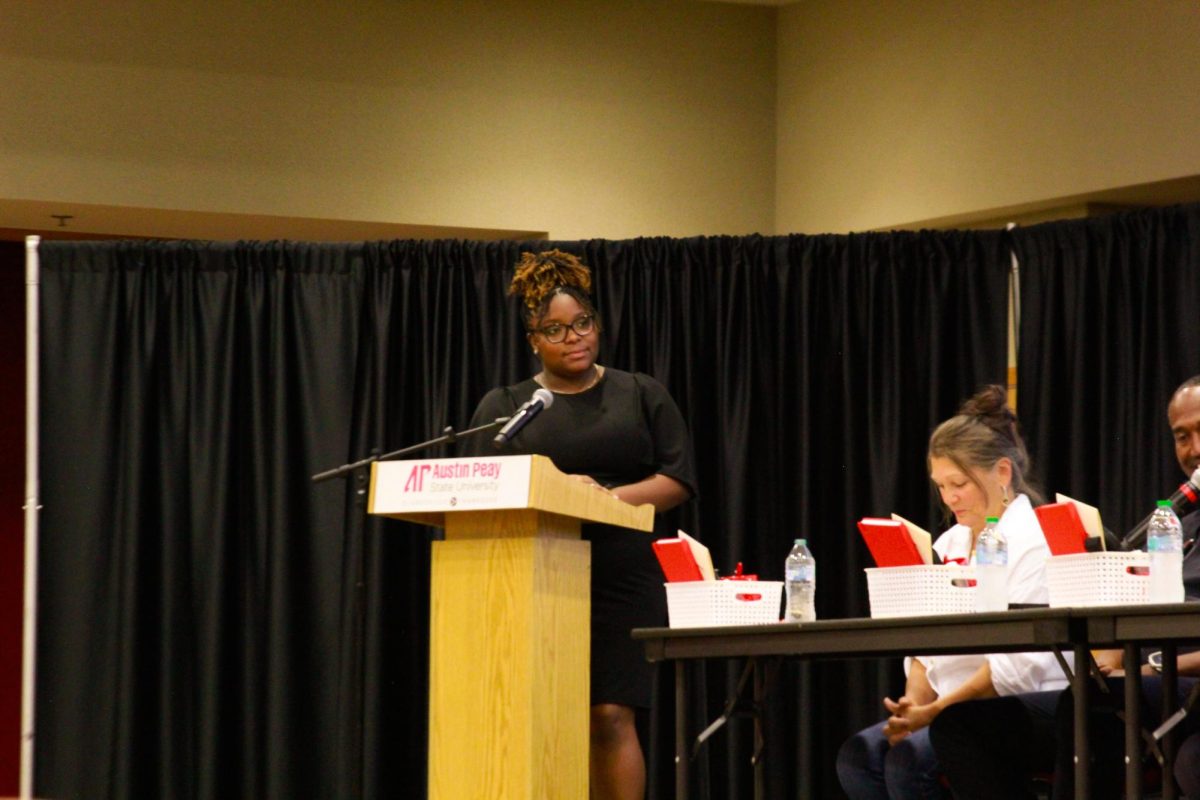 LaNyiah Clemons opens the PoliTalk panel by asking questions to panelists at Austin Peay State University’s Morgan University Ballroom in Clarksville, Tenn., on Sept. 9, 2025, helping kick off a discussion on leadership and community engagement.