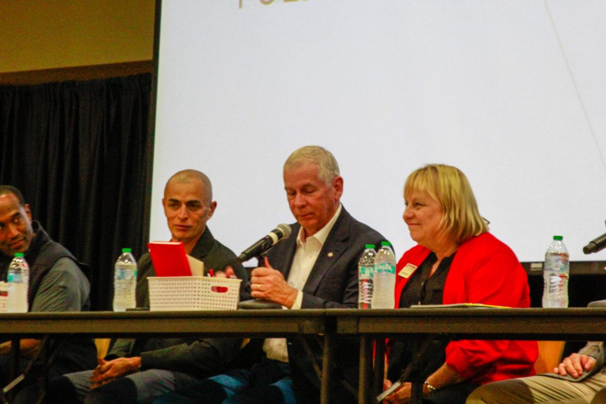 Mayor Joe Pitts responds to student questions during the PoliTalk event at Austin Peay State University’s Morgan University Ballroom in Clarksville, Tenn., on Sept. 9, 2025, sharing insights on leadership, crisis management, and community engagement.