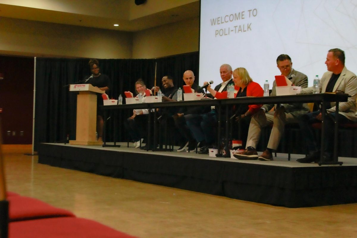 Panelists and students share a smiles as the PoliTalk event begins at Austin Peay State University’s Morgan University Ballroom in Clarksville, Tenn., on Sept. 9, 2025, highlighting the engaging and lively discussion on leadership and community.