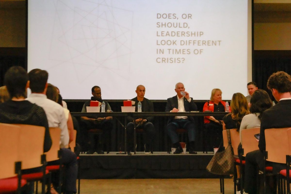 Panelist Leo Millian (center left) reads and answers questions during the PoliTalk event at Austin Peay State University’s Morgan University Ballroom in Clarksville, Tenn., on Sept. 9, 2025