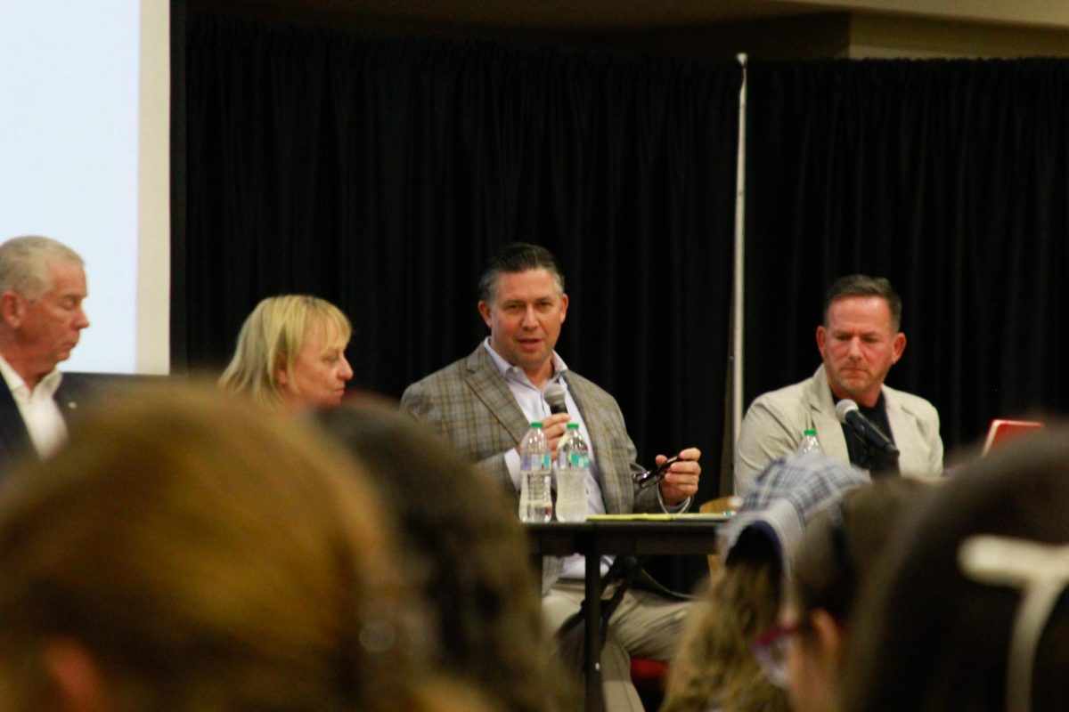 Mayor Wes Golden engages with students during the PoliTalk event at Austin Peay State University’s Morgan University Ballroom in Clarksville, Tenn., on Sept. 9, 2025, addressing questions on local governance and community leadership.
