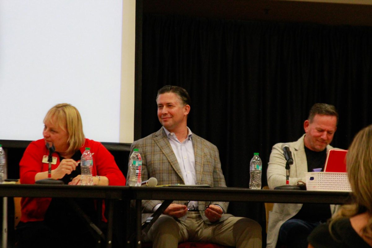 Clarksville Mayor Wes Golden smiles and listens to students during the PoliTalk event at the Morgan University Ballroom at Austin Peay State University in Clarksville, Tenn., on Sept. 9, 2025.