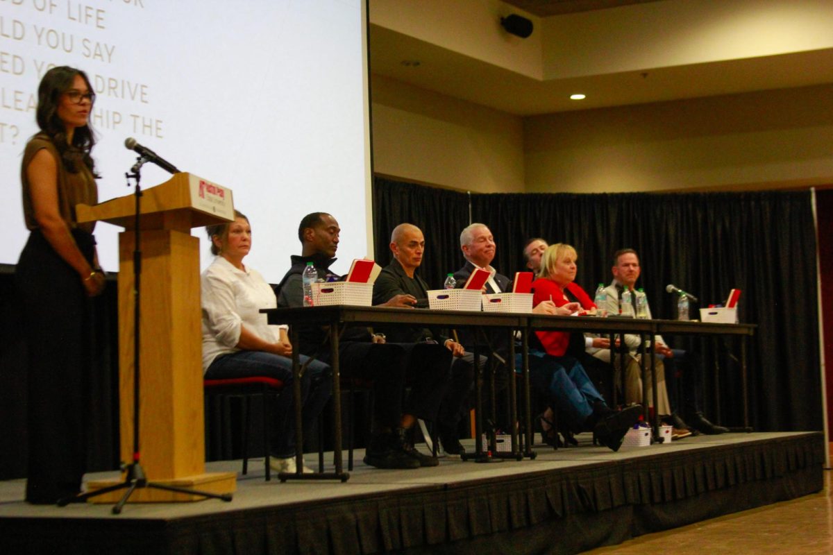 Panelists, including Clarksville Mayor Joe Pitts, Montgomery County Mayor Wes Golden, YaiPak Outreach CEO Sherry Nicholson, firefighter and realtor Jimmy Terry Jr., entrepreneur Leo Millan, banker Sammy Stuart, and Pastor Anthony Daley, speak during the PoliTalk event at the Morgan University Ballroom at Austin Peay State University in Clarksville, Tenn., on Sept. 9, 2025.