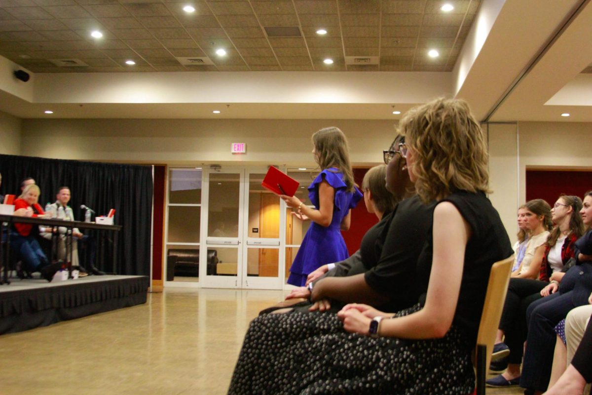 A student asks questions to panelists during the PoliTalk event at the Morgan University Ballroom at Austin Peay State University in Clarksville, Tenn., on Sept. 9, 2025