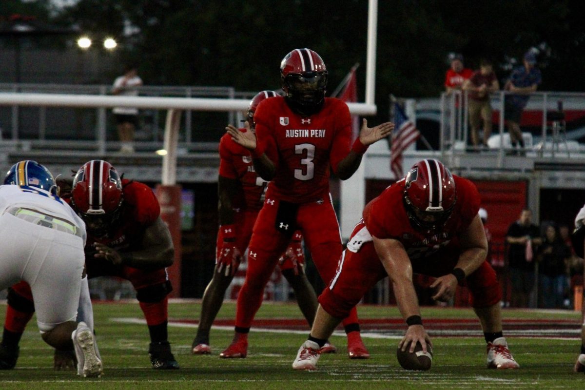 Austin Peay State University sophomore quarterback, Chris Pasron, calls for the snap in 56-7 win over Morehead State University, Saturday night, Sept. 13, 2025.