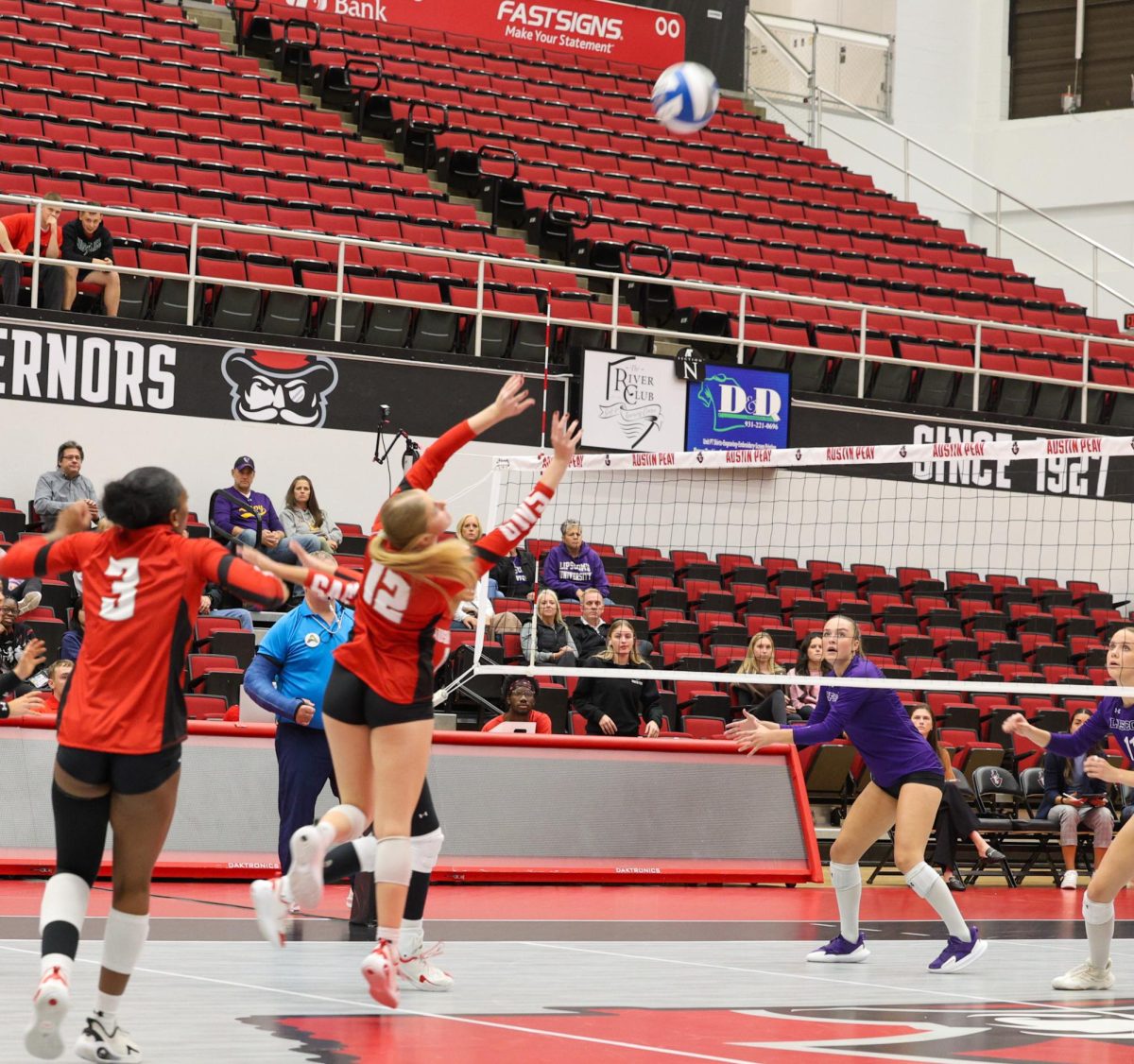 Setter Sarah Butler is sending the ball to the other side of the court as the Lady Govs would take a tough loss at the Dunn Center on October 24, 2025