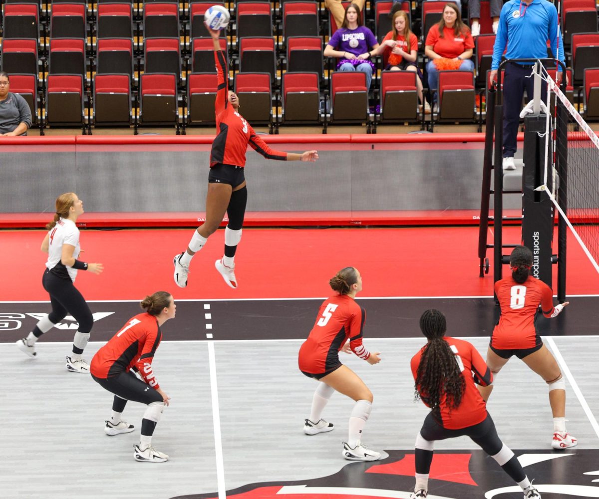 Outside Hitter Lauren Wallace spiking and scoring a point as the Lady Govs would take a tough loss at the Dunn Center on October 24, 2025