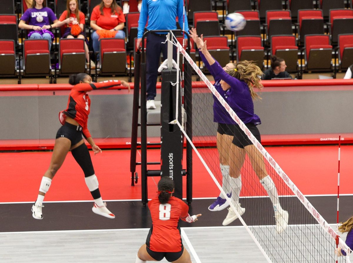 Outside Hitter Lauren Wallace scoring a point for the govs as the Lady Govs would take a tough loss at the Dunn Center on October 24, 2025