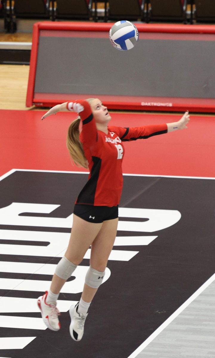 Setter Sarah Butler serving for the game as the Lady Govs would take a tough loss at the Dunn Center on October 24, 2025