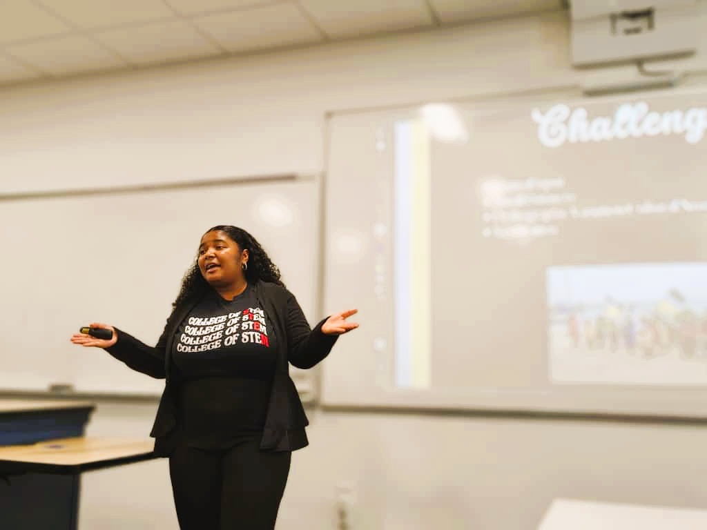 Graduate Student Alyisa Norales, majoring Predictive Analytics, presenting her tri-lingual artificial intelligence chatbot at the 135th Annual Tennesee Academy of Science Meet. Her work won first-place in the Math and Computer Science Oral Presentations Section I.