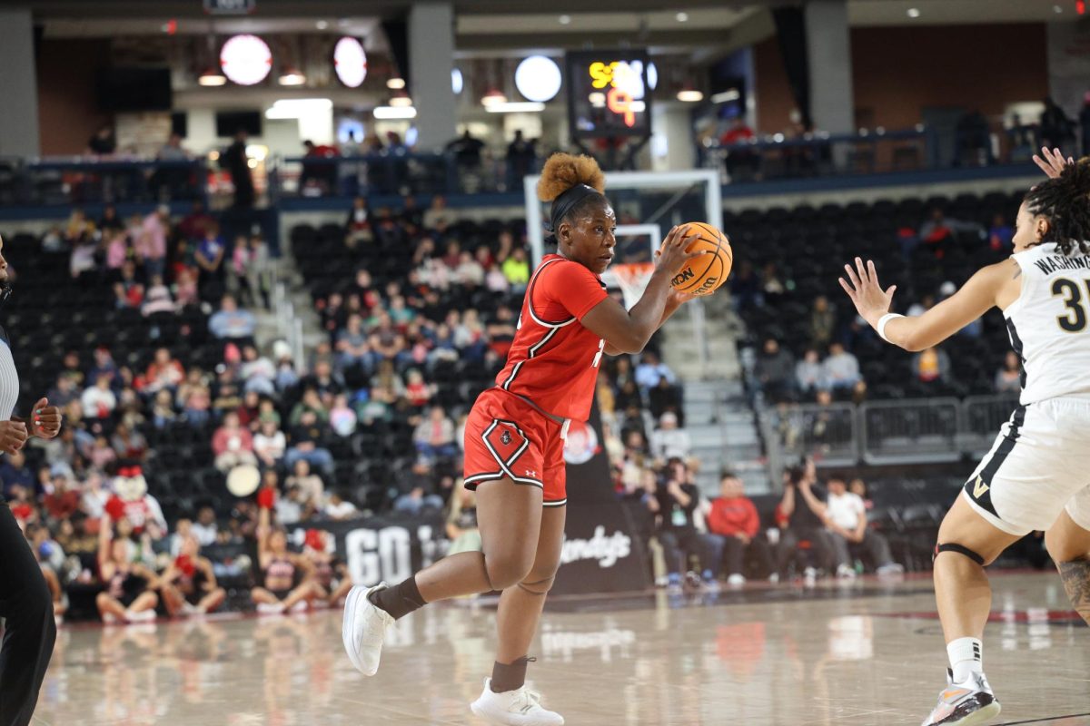 Senior guard Ines Gnahore trying to set up the offense as the Lady Govs would take a tough loss to the Vanderbilt Commodores on Nov. 12, 2025, at F&M Bank Arena. 