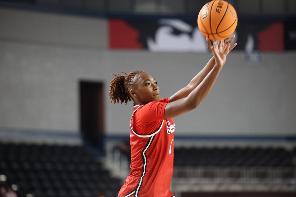 Sophomore guard Anovia Sheals attempting a 3-point shot as the Lady Govs would take a tough loss to the Vanderbilt Commodores on Nov. 12, 2025, at F&M Bank Arena. 