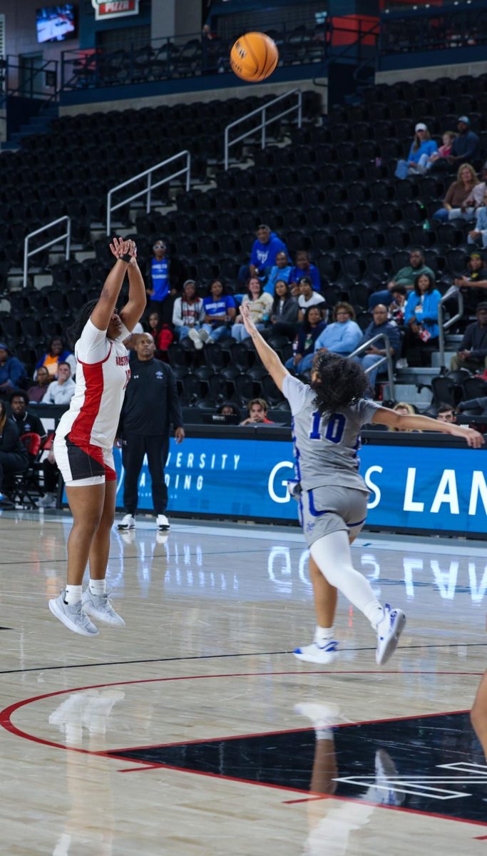 Austin Peay State University Graduate Student Mya Williams hits a 3-point shot as the Lady Govs defeat Indiana State 77-73 at F&M Bank Arena on November 16, 2025. 