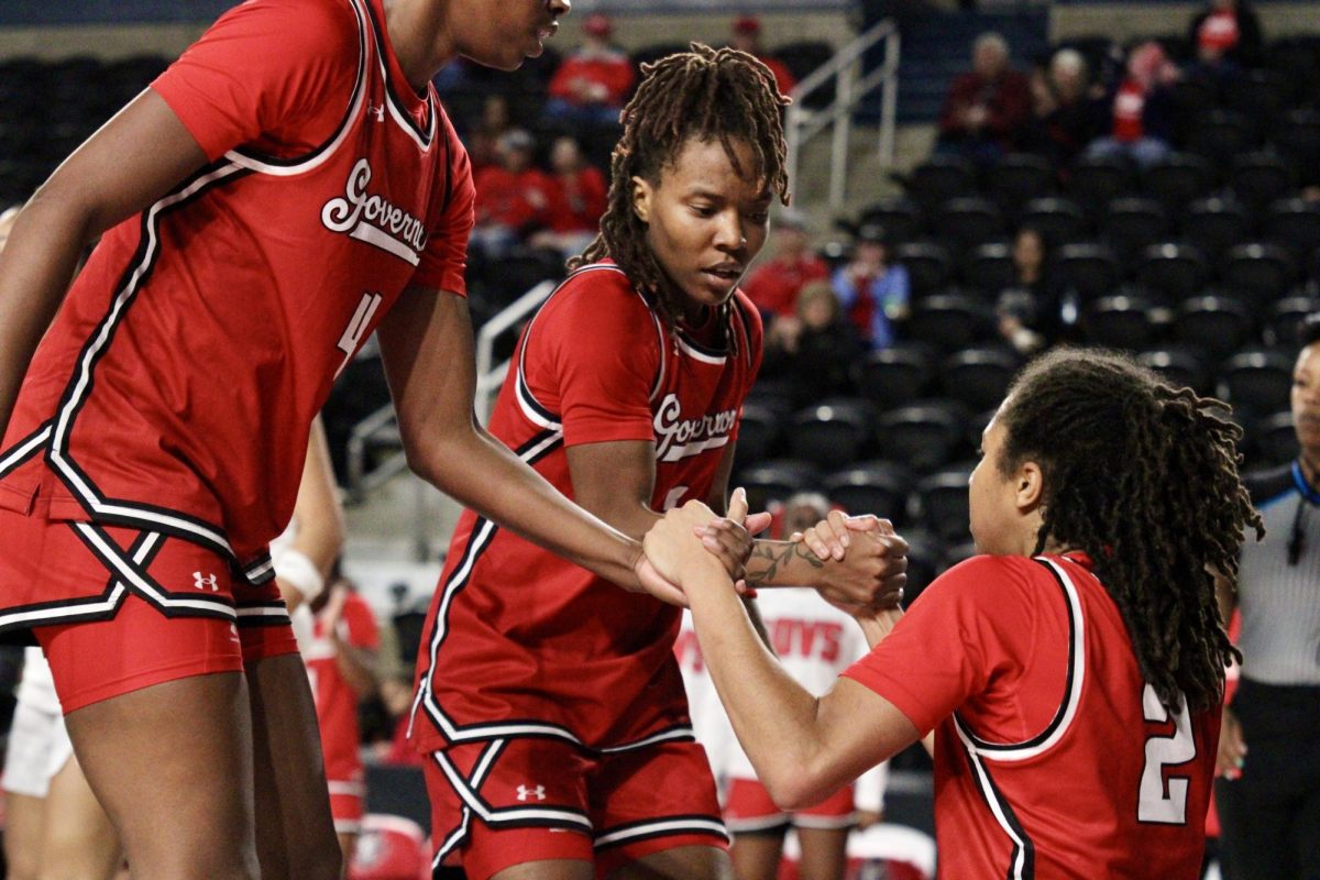 Austin Peay State University junior guard Veronaye Charlton and sophomore guard Anovia Sheals help up junior guard Kyra Perkins after her and 1 play in a 75-65 loss against Vanderbilt University, Wednesday night, Nov.12, 2025.