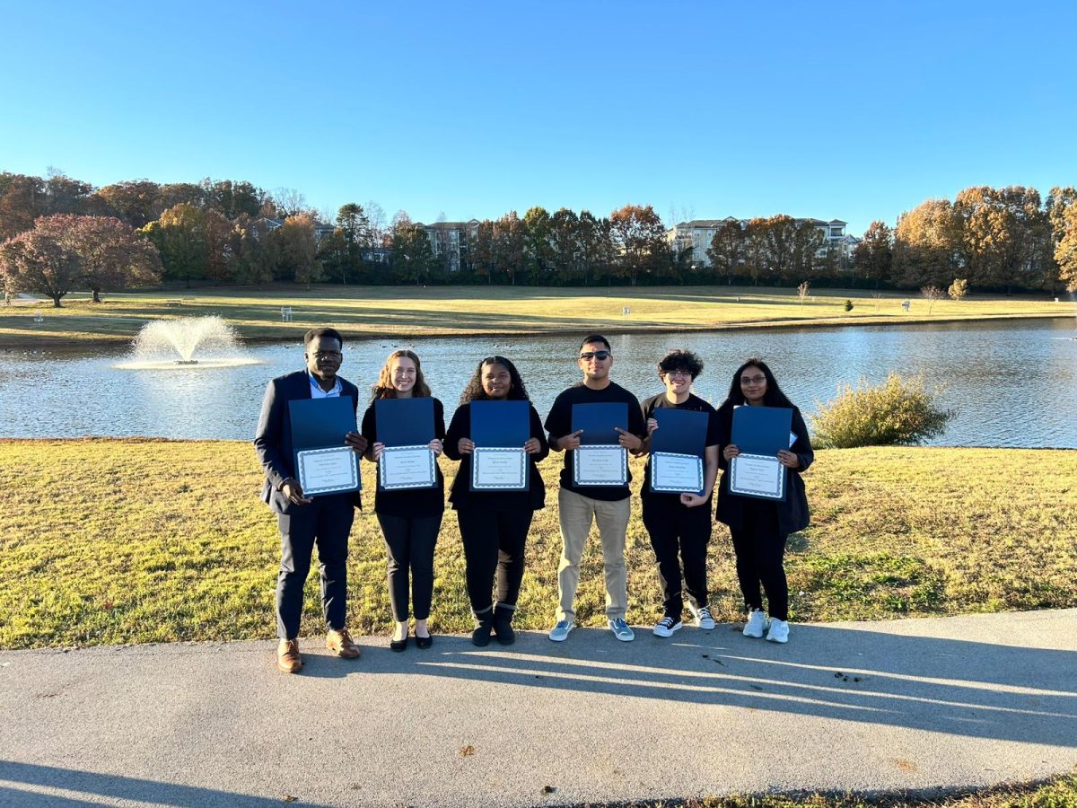 APSU students Jesutoba Lopez, Alexis Mahar, Alysia Norales, Christian Avila, Quinn Schneider and Mayuri Patel holding their awards for best student oral presentations at the Tennessee Academy of Science's 135th annual meeting.