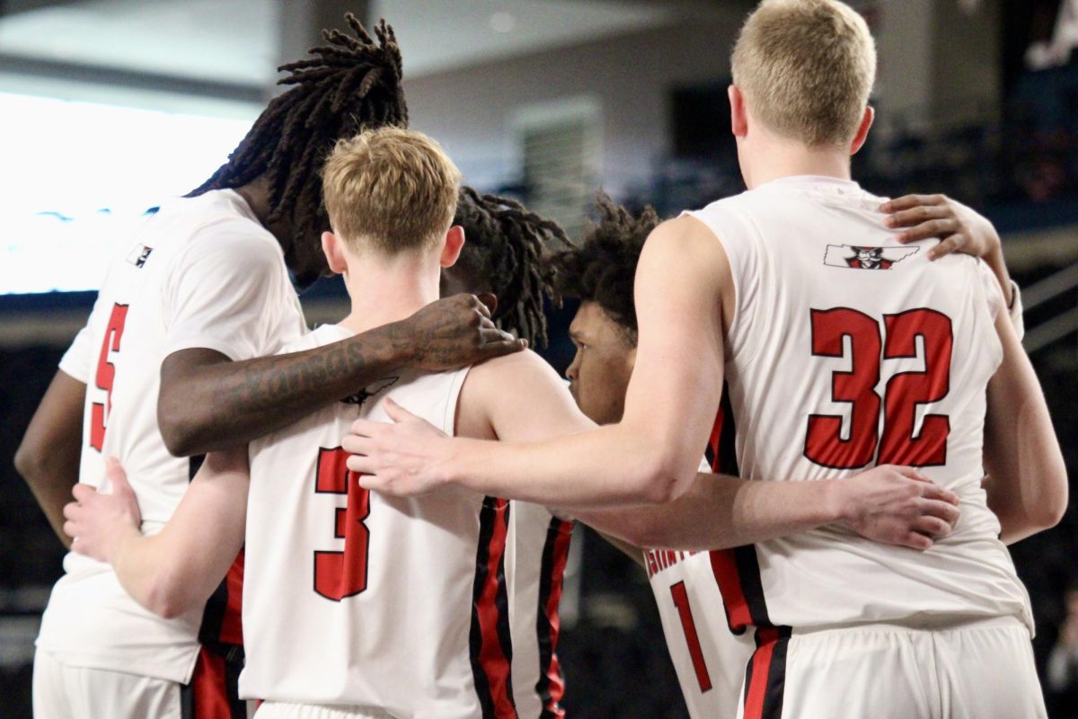 Austin Peay State University men's basketball team huddled up after a whistle in a 73-65 win over Stetson University, Friday afternoon, Jan.23 2026.