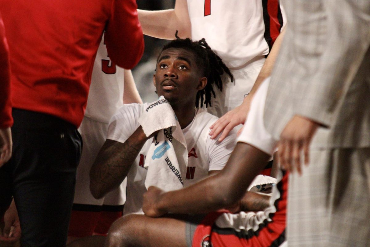 Austin Peay State University senior guard, Anton Brookshire, focuses on a coach during timeout in a 73-65 win over Stetson University, Friday afternoon, Jan.23 2026.