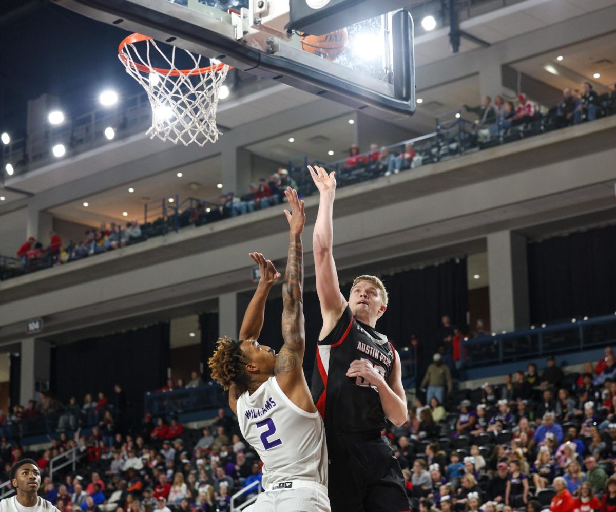 The Austin Peay State University Graduate Student Collin Parker is making a tough layup as the Govs defeated the University of North Alabama 91-62 on February 7, 2026, at F&M Bank Arena. 