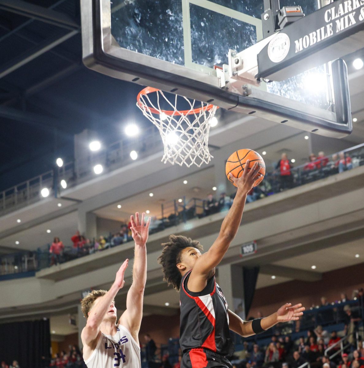 The Austin Peay State University Freshman Guard Zyree Collins is making a tough layup as the Govs defeated the University of North Alabama 91-62 on February 7, 2026, at F&M Bank Arena. 